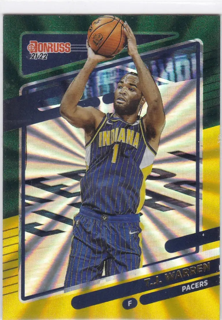 Basketball trading card of T.J. Warren in shooting pose, Donruss Holo Green Pacers