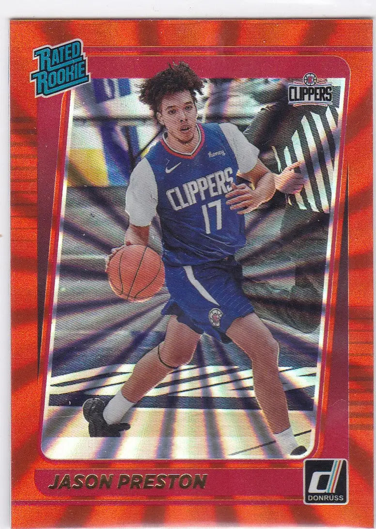Basketball trading card of Jason Preston Rated Rookie from 2021-22 Donruss Orange Laser