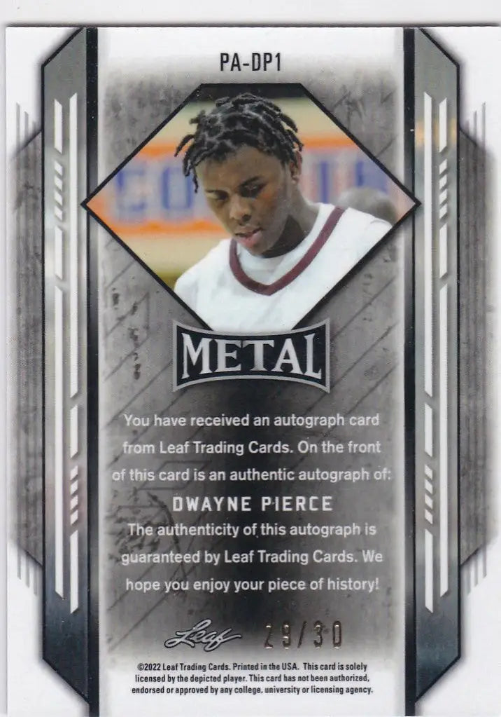 Basketball trading card of Dwayne Pierce in white jersey, featuring Blue Wave Auto
