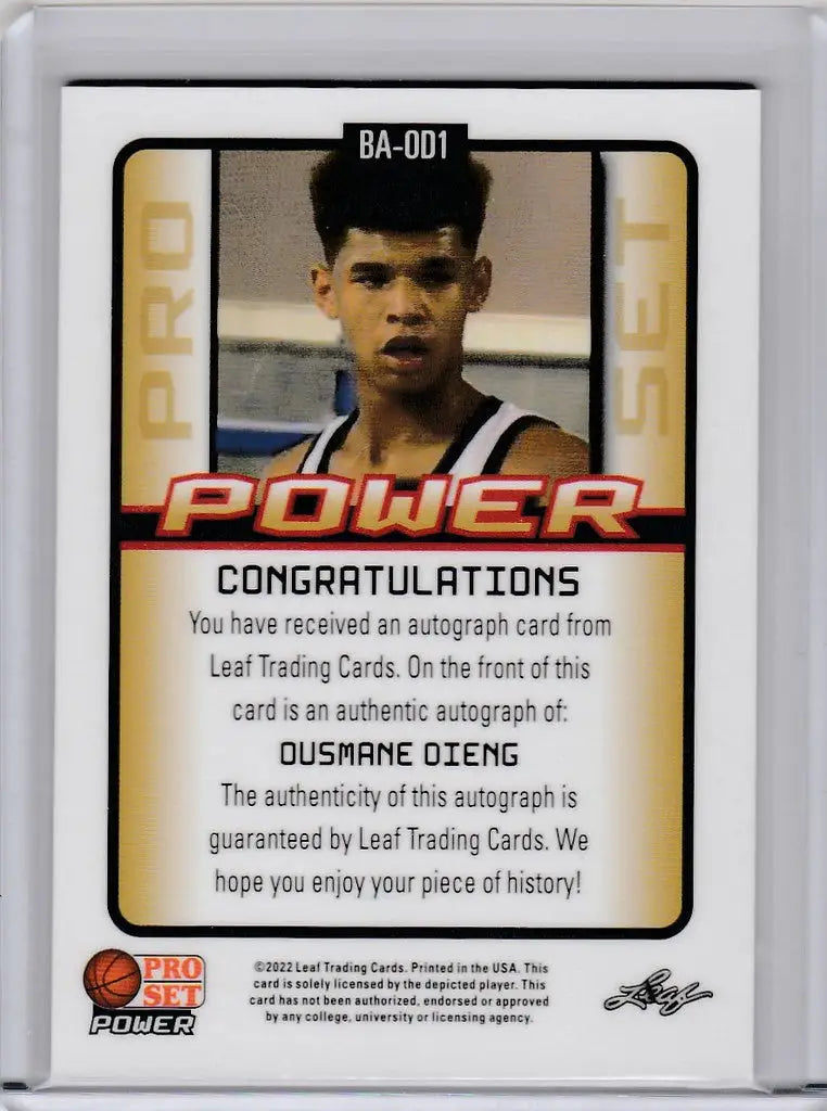 Basketball trading card featuring Ousmane Dieng with POWER text from Leaf Power Basketball