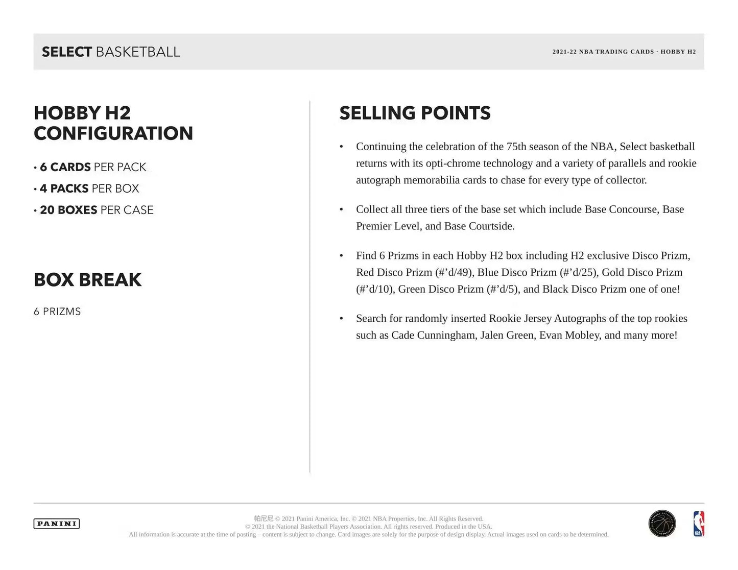 Document showing Panini Select Basketball box configuration, rookie jersey autographs, black disco inserts
