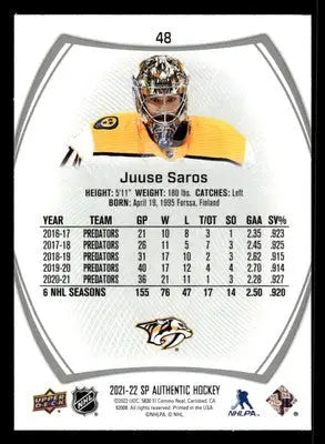 2021-22 SP Authentic #48 Juuse Saros - Hockey Card Single