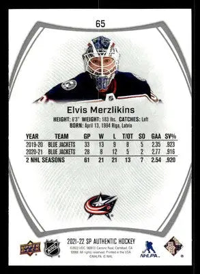 2021-22 SP Authentic #65 Elvis Merzlikins - Hockey Card Single