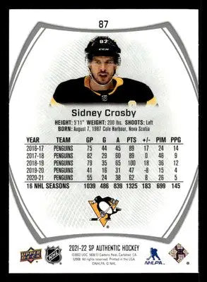 2021-22 SP Authentic #87 Sidney Crosby - Hockey Card Single