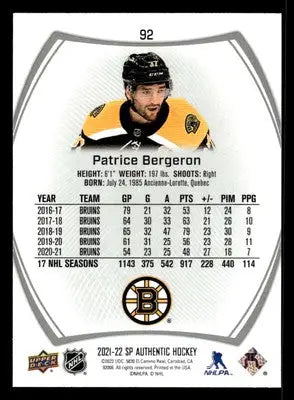 2021-22 SP Authentic #92 Patrice Bergeron - Hockey Card Single