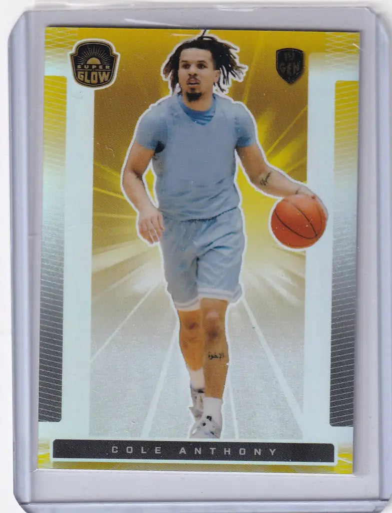 Basketball trading card of Cole Anthony dribbling in light blue Orlando Magic uniform