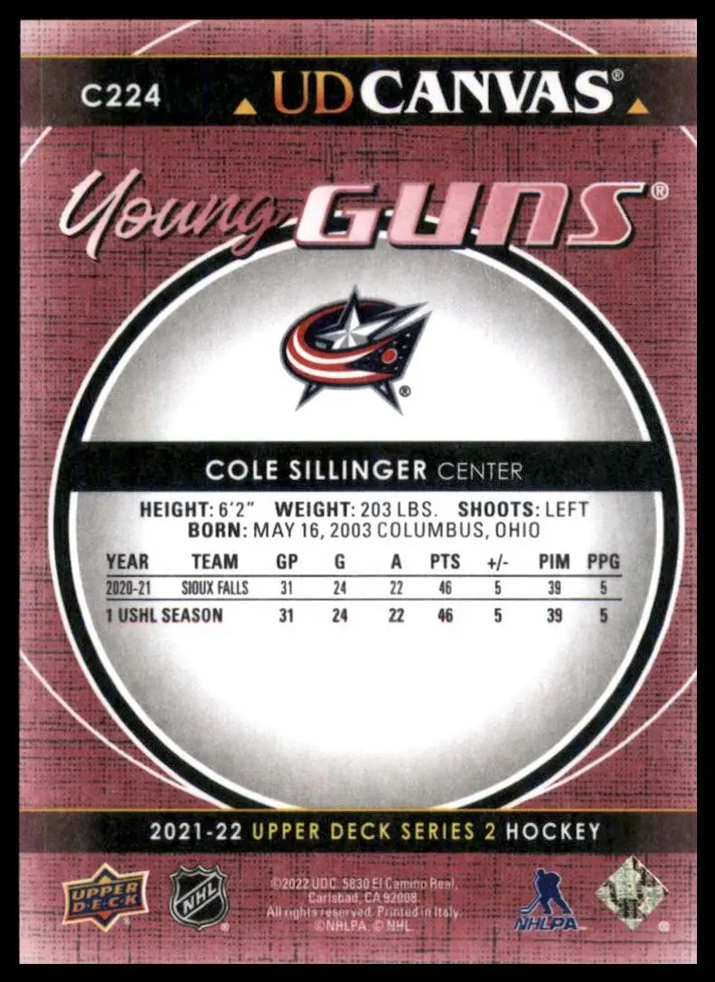 2021-22 Upper Deck Canvas #C224 Cole Sillinger Young Guns Columbus Blue Jackets - Trading Cards