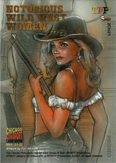 Blonde woman in Western attire holding a gun on 2021 5finity Notorious Wild West promo card