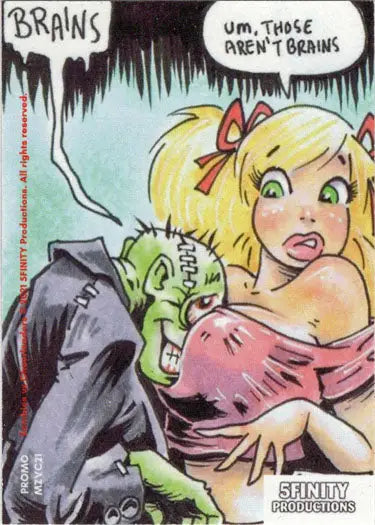 Humorous cartoon of a zombie groping a blonde woman on George Webber promo card for 5finity Zombies