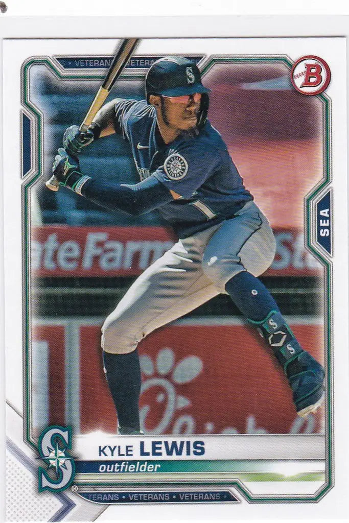 Baseball card featuring Seattle Mariners player Kyle Lewis in batting stance