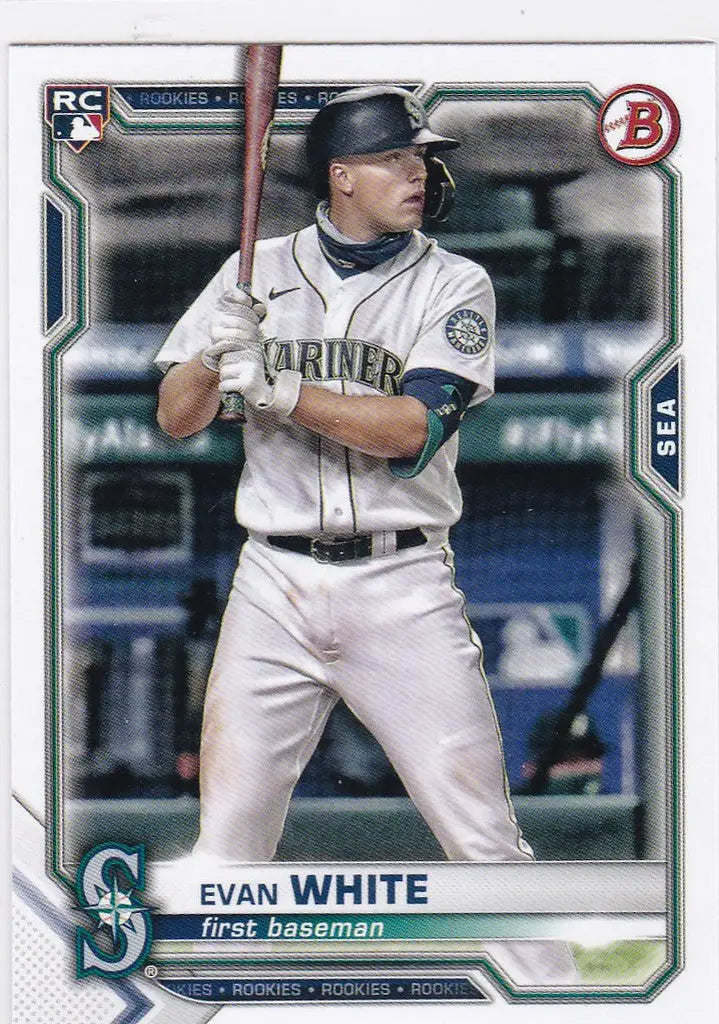 Evan White Rookie Card featuring Seattle Mariners player in batting stance