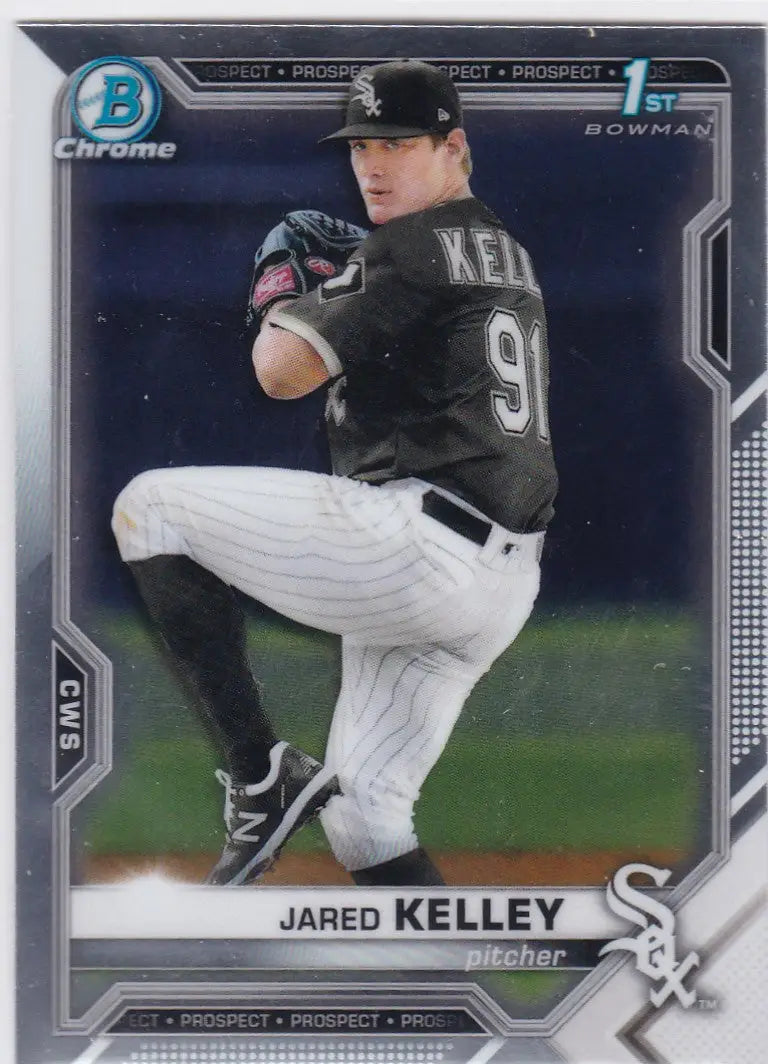 Bowman Chrome card of Jared Kelley, 1st Bowman Chicago White Sox pitcher mid-windup
