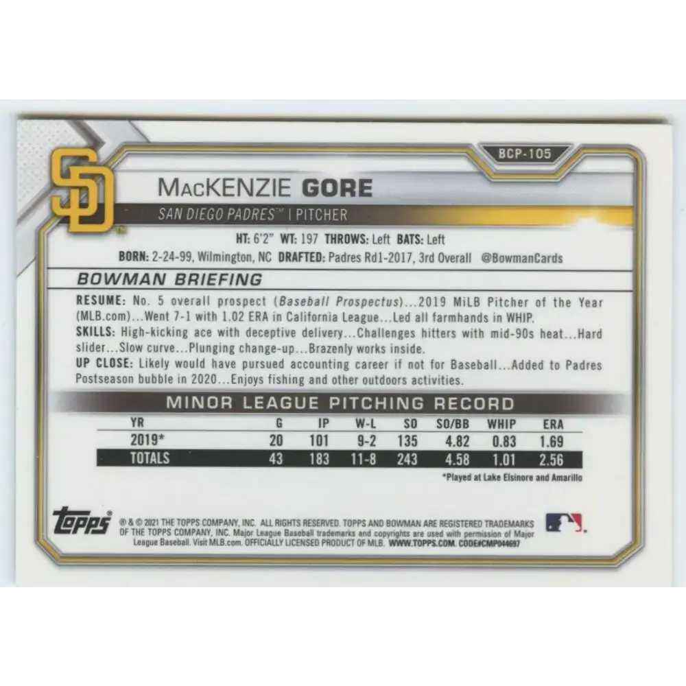 2021 Bowman Chrome Mega Box Mojo Refractor #BCP-105 MacKenzie Gore NM-MT San Diego Padres Baseball Card