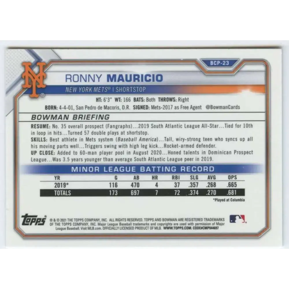 2021 Bowman Chrome Mega Box Mojo Refractor #BCP-23 Ronny Mauricio NM-MT New York Mets Baseball Card - Baseball Card Box