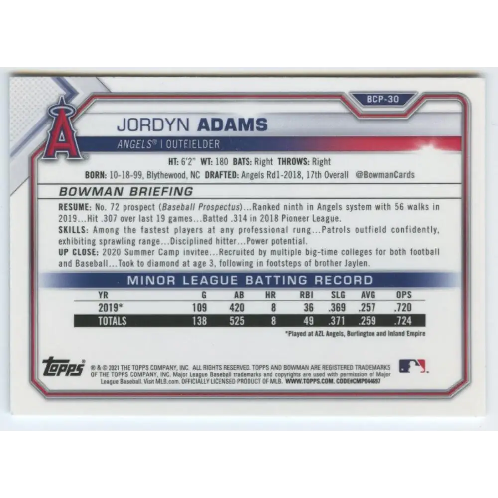 2021 Bowman Chrome Mega Box Mojo Refractor #BCP-30 Jordyn Adams NM-MT Los Angeles Angels Baseball Card Image 2