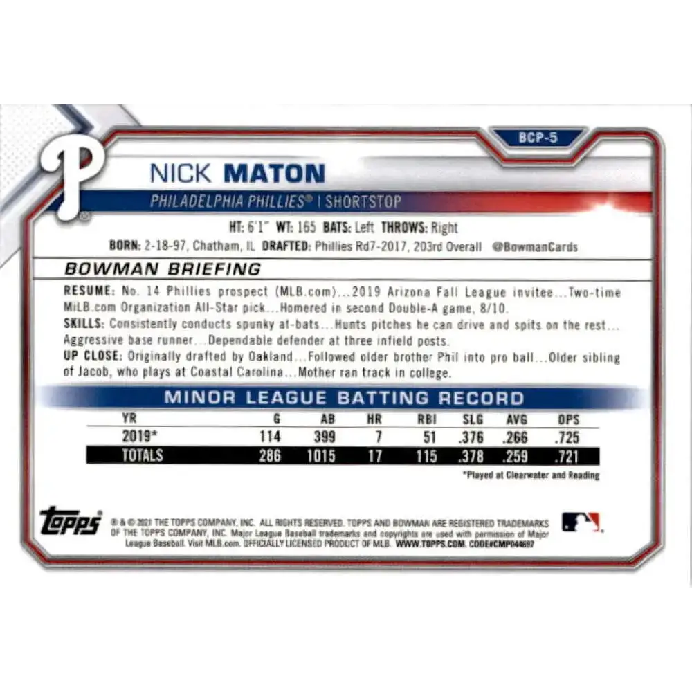 2021 Bowman Chrome Mega Box Mojo Refractor #BCP-5 Nick Maton NM-MT Philadelphia Phillies Baseball Card - Baseball Card
