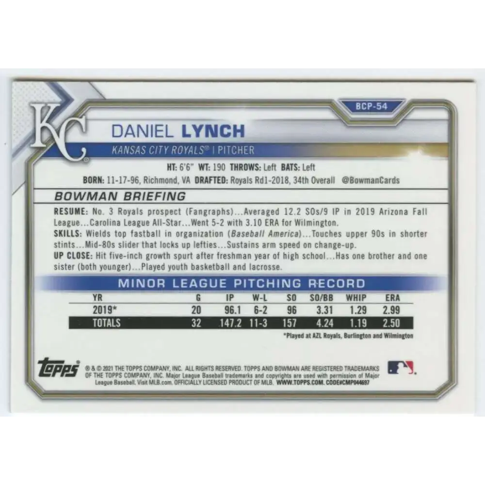 2021 Bowman Chrome Mega Box Mojo Refractor #BCP-54 Daniel Lynch NM-MT Kansas City Royals Baseball Card - Baseball Card