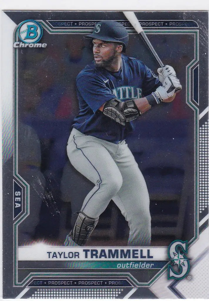 Baseball card of Taylor Trammell in batting stance, Seattle Mariners trading cards