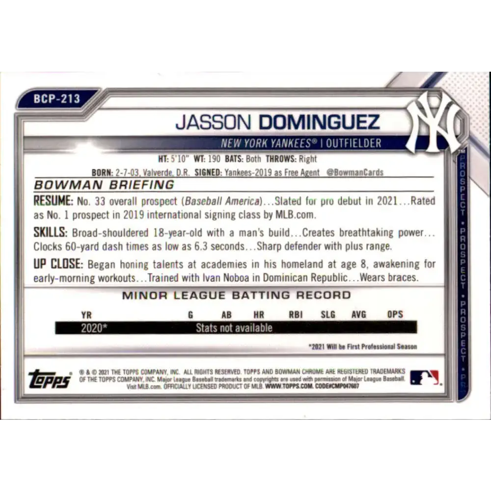 2021 Bowman Chrome Prospects #BCP-213 Jasson Dominguez NM-MT New York Yankees Baseball Card - Baseball Card Single