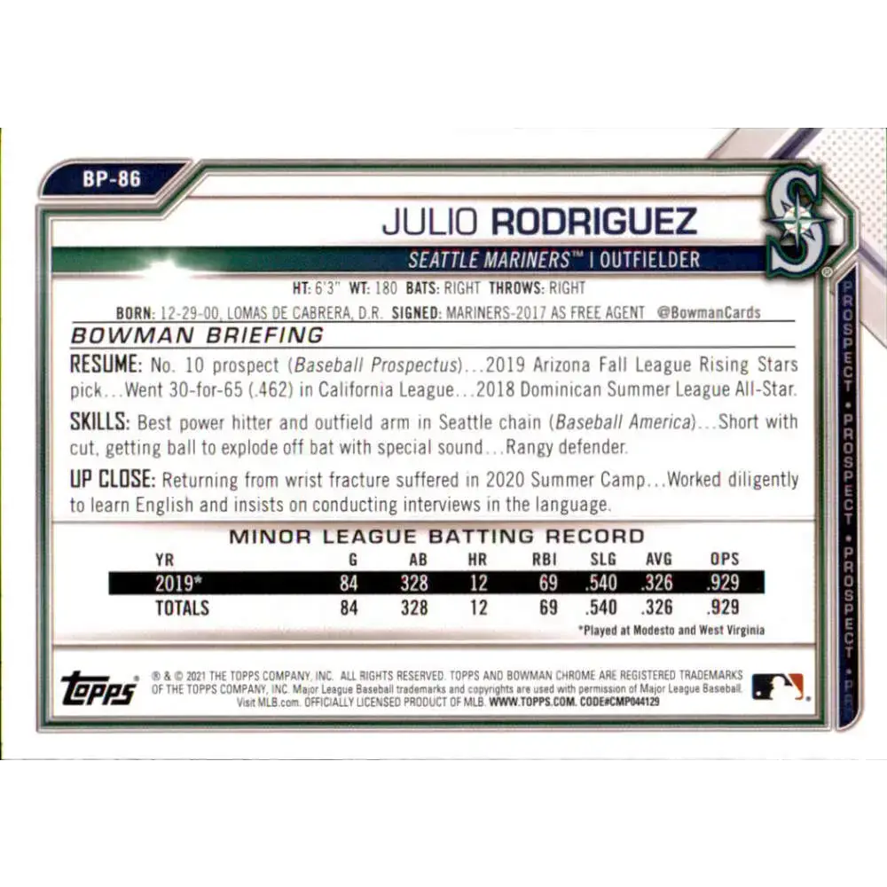2021 Bowman Chrome Prospects #BCP-86 Julio Rodriguez NM-MT Seattle Mariners Baseball Card - Baseball Card Single