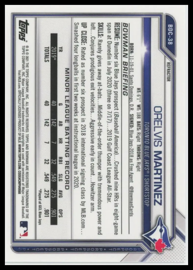 2021 Bowman Draft - Chrome Refractor Orelvis Martinez BDC-38 Blue Jays NM - Baseball Card Single