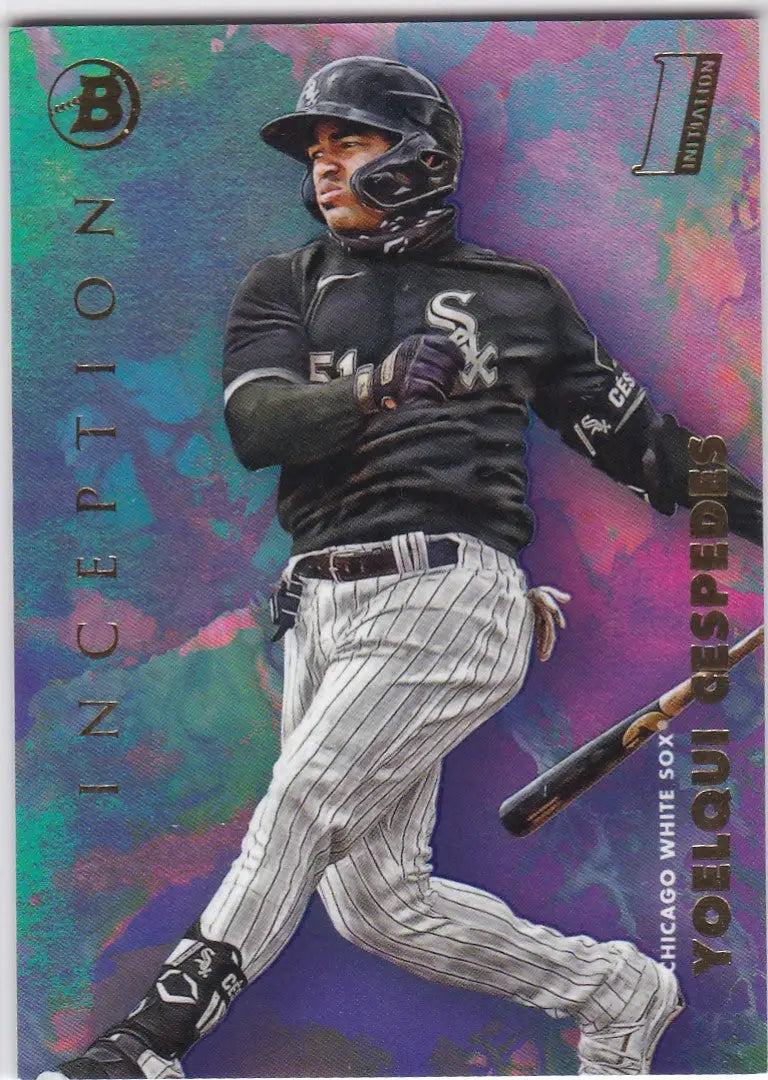 Baseball player in batting stance wearing Chicago White Sox uniform for Yoelqui Cespedes Initiation
