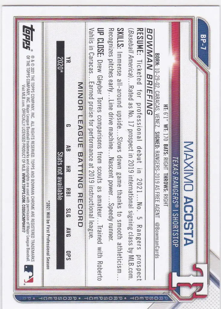 2021 Bowman Maximo Acosta 1st Bowman BP-7 Texas Rangers Prospect - Baseball Card Single