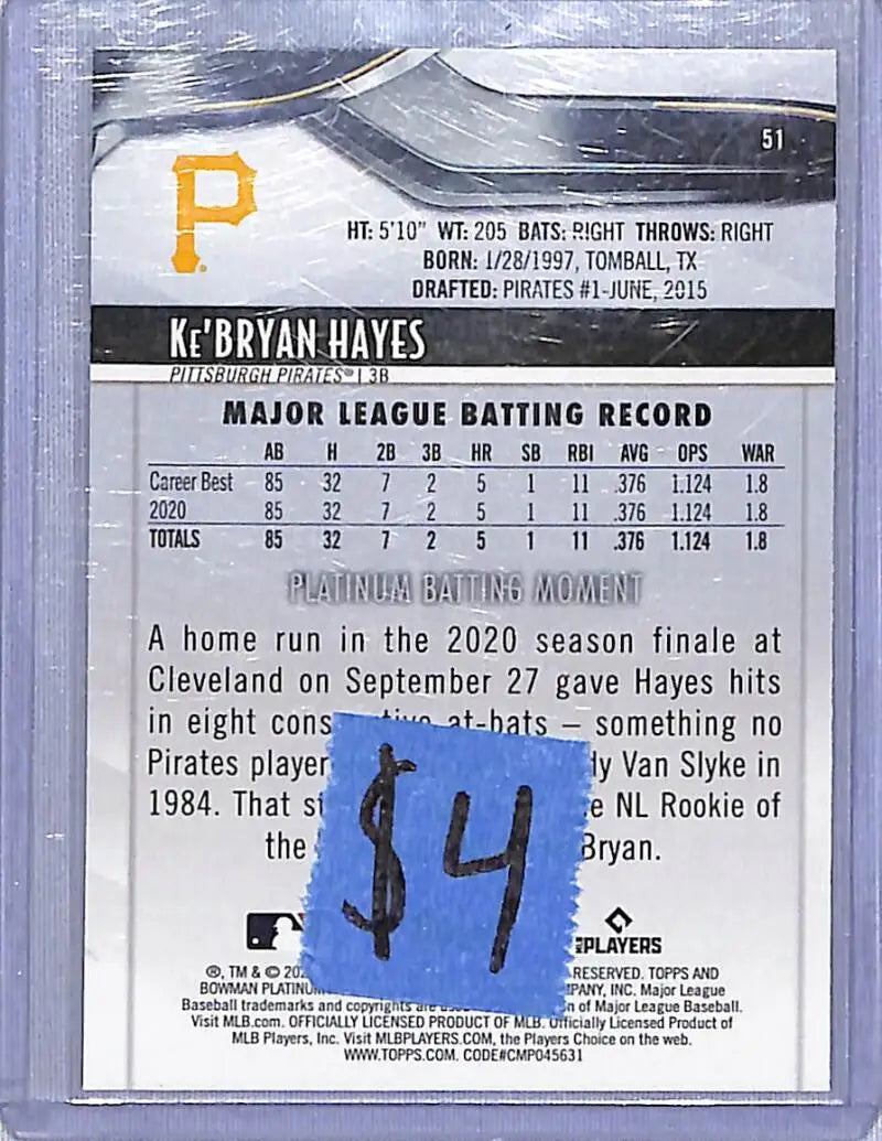 2021 Bowman Platinum #51 Ke’Bryan Hayes NM-MT RC Rookie Pittsburgh Pirates - Baseball Card Single