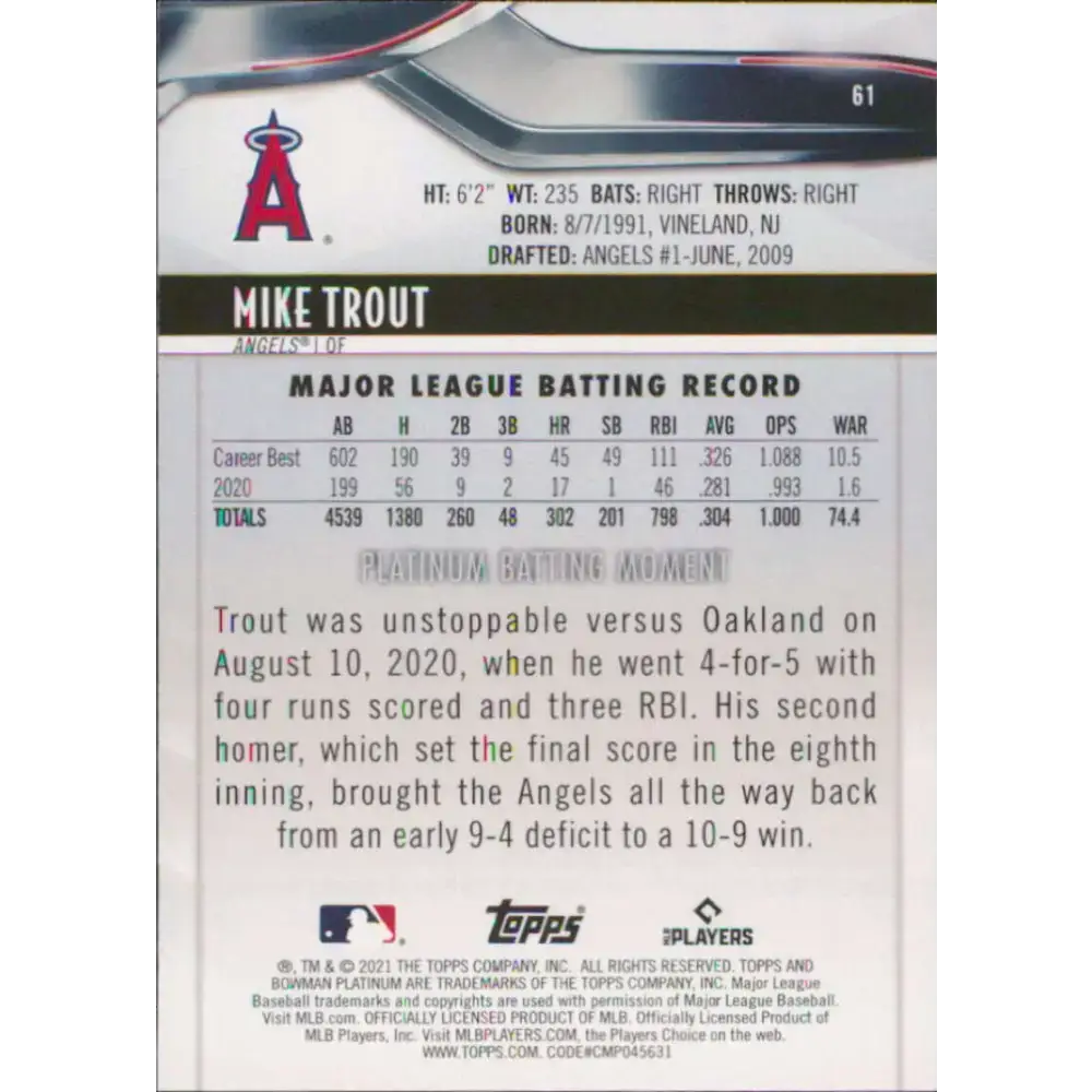 2021 Bowman Platinum #61 Mike Trout NM-MT Los Angeles Angels Baseball Card - Baseball Card Single