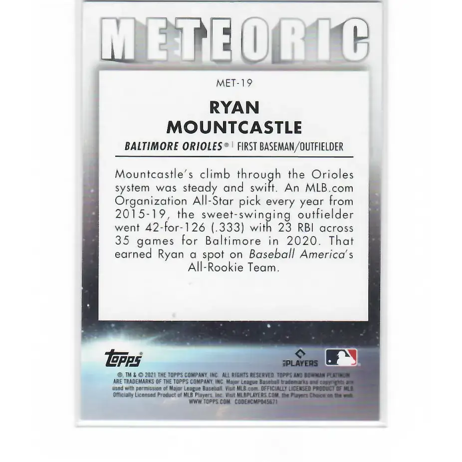 2021 Bowman Platinum Meteoric #MET-19 Ryan Mountcastle NM-MT Baltimore Orioles Baseball Card - Baseball Card Single