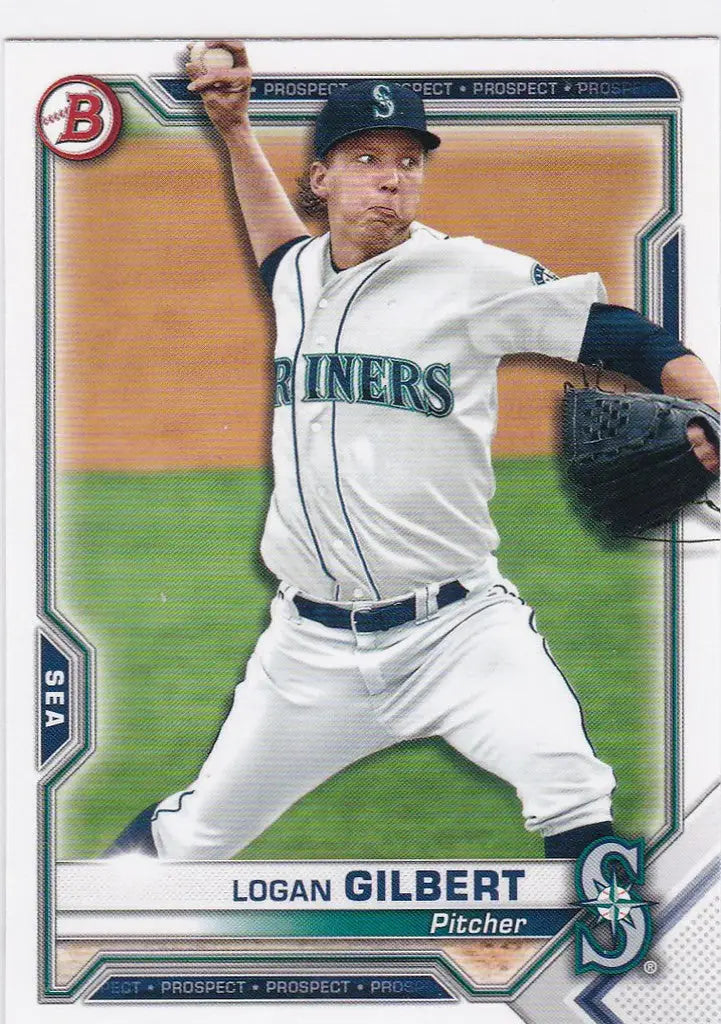 Baseball player in Seattle Mariners uniform pitching for trading cards collection