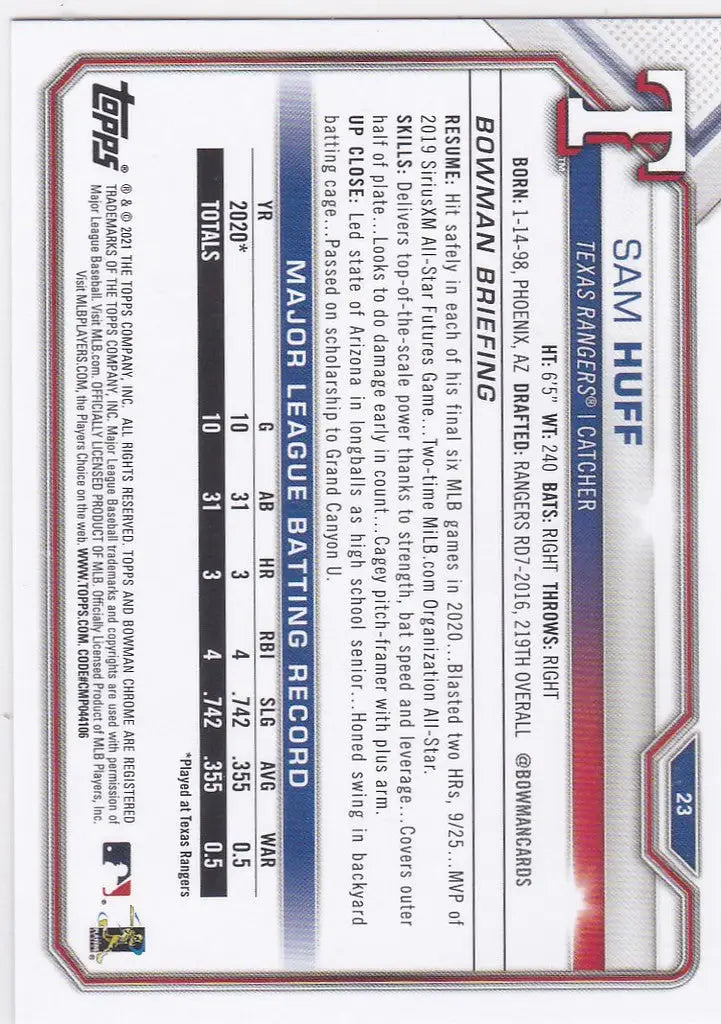 2021 Bowman Sterling #BSR-51 Sam Huff Rookie Card Texas Rangers - Baseball Card Single