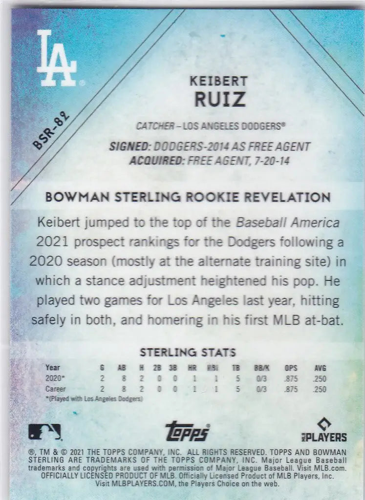 Baseball card of Keibert Ruiz rookie from Los Angeles Dodgers 2021 Bowman Sterling