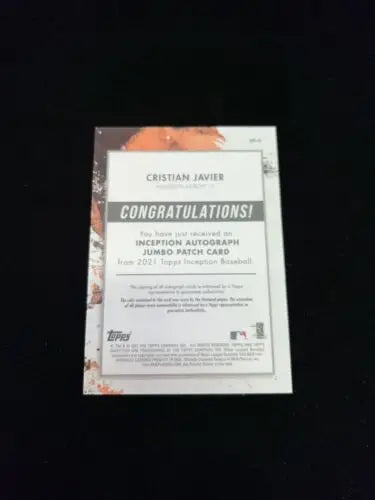 Christian Javier baseball card featuring 2021 Topps Inception Jumbo Patch Auto design
