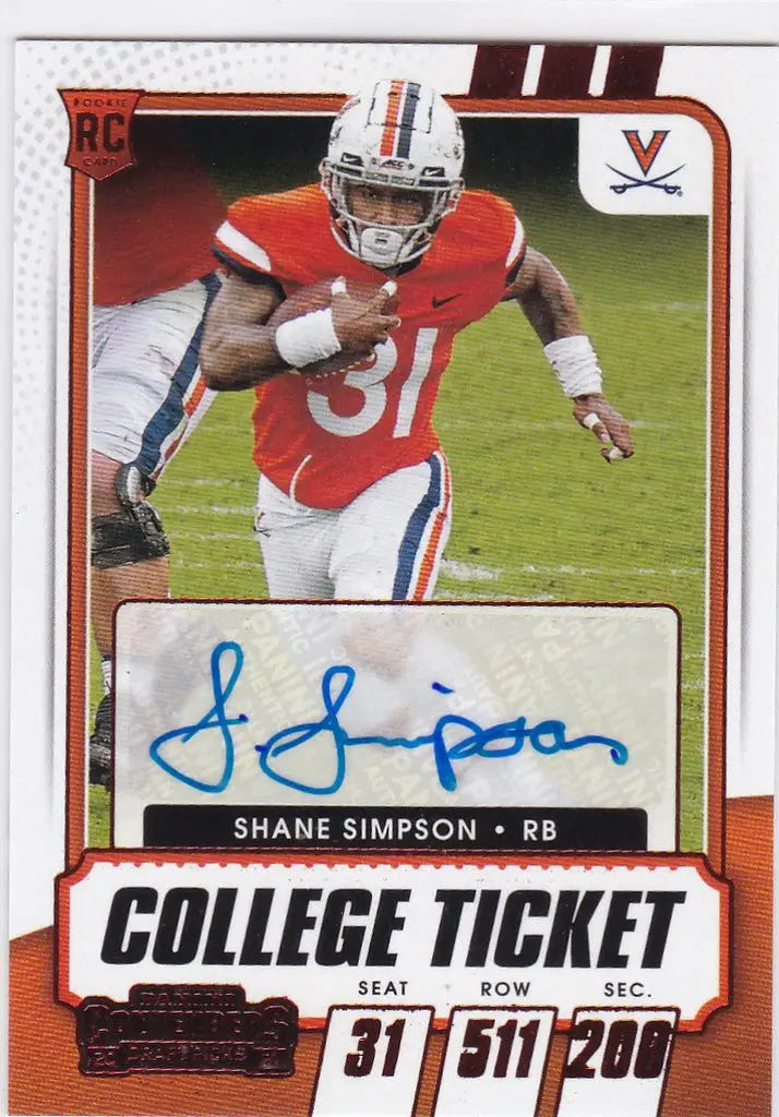 Football trading card of Shane Simpson Red in Virginia college uniform number 31 auto RC