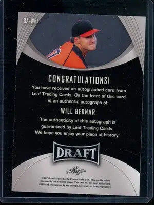 2021 Leaf Draft Will Bednar #BA-WBI Autograph RC Baseball - Baseball Card Single