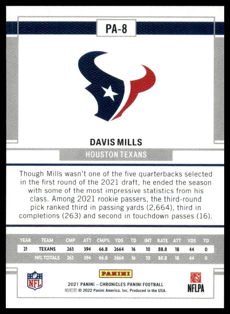 2021 Panini Chronicles Panini Davis Mills Rookie #PA-8 Houston Texans Football - Football Card Single