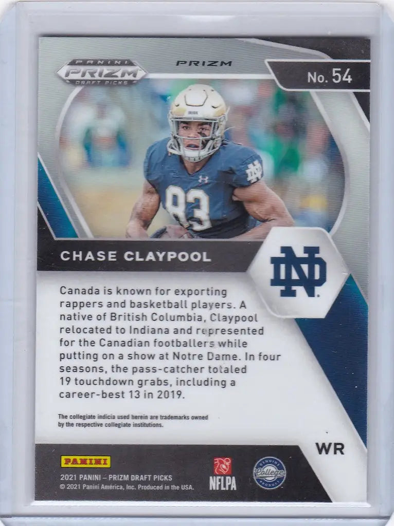 Football trading card of Chase Claypool in blue jersey 93 from Panini Green Prizm Draft