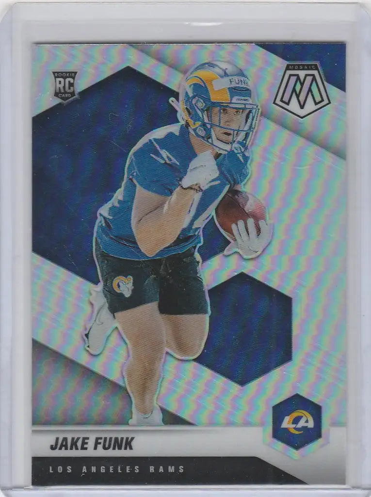 Football trading card of Jake Funk Los Angeles Rams in blue jersey for Panini Mosaic Prizm