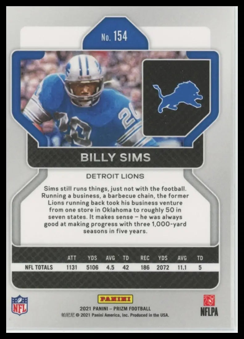 2021 Panini Prizm Billy Sims 154 Detroit Lions NM - Football Card Single