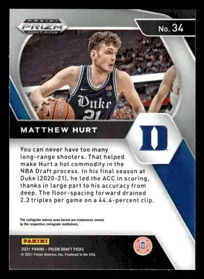 2021 Panini Prizm Draft Picks #34 Matt Hurt - Basketball Card Single
