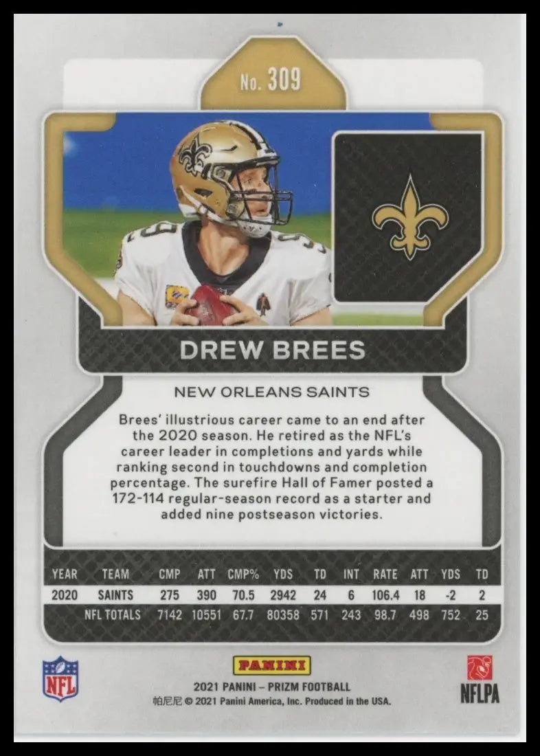 2021 Panini Prizm Drew Brees 309 New Orleans Saints NM - Football Card Single
