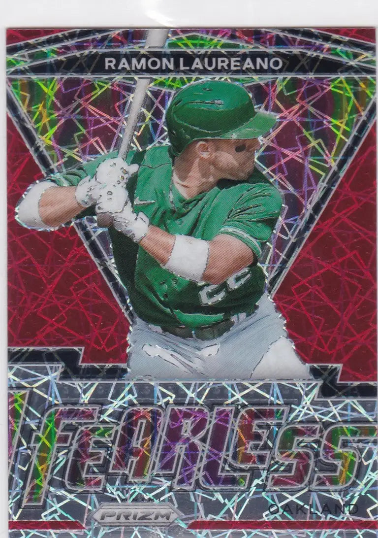 Baseball trading card of Fearless Ramon Laureano in green uniform at bat