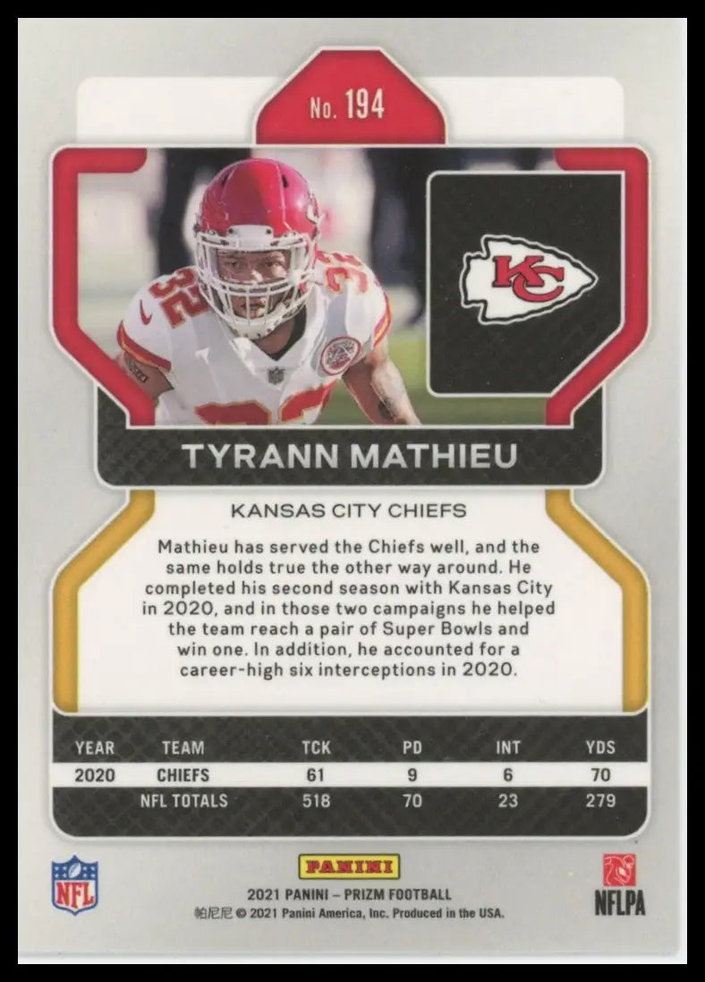 2021 Panini Prizm Tyrann Mathieu 194 Kansas City Chiefs NM - Football Card Single