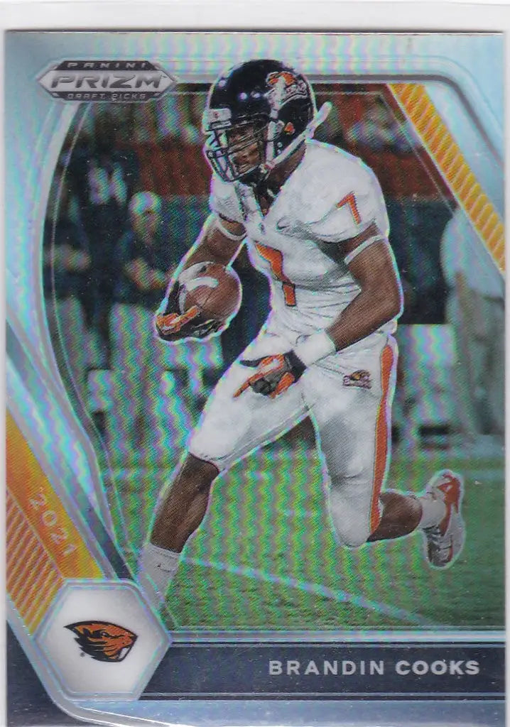 Football trading card of Brandin Cooks in white uniform, 2021 Prizm Draft Picks Silver Prizm