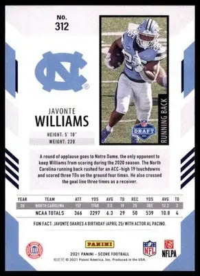 2021 Score Base Javonte Williams RC North Carolina Tar Heels 312 - Football Card Single