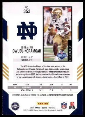 2021 Score Base Jeremiah Owusu-Koramoah RC Notre Dame Fighting Irish 353 - Football Card Single
