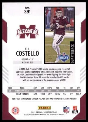 2021 Score Base K.J. Costello RC Mississippi State Bulldogs 391 - Football Card Single