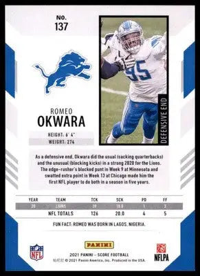 2021 Score Base Romeo Okwara Detroit Lions 137 - Football Card Single