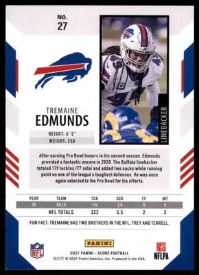 2021 Score Base Tremaine Edmunds Buffalo Bills 27 - Football Card Single